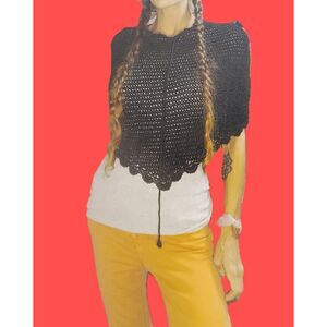 Black Crochet Knit Shoulder Boho Shawl / Poncho ~ Size Small